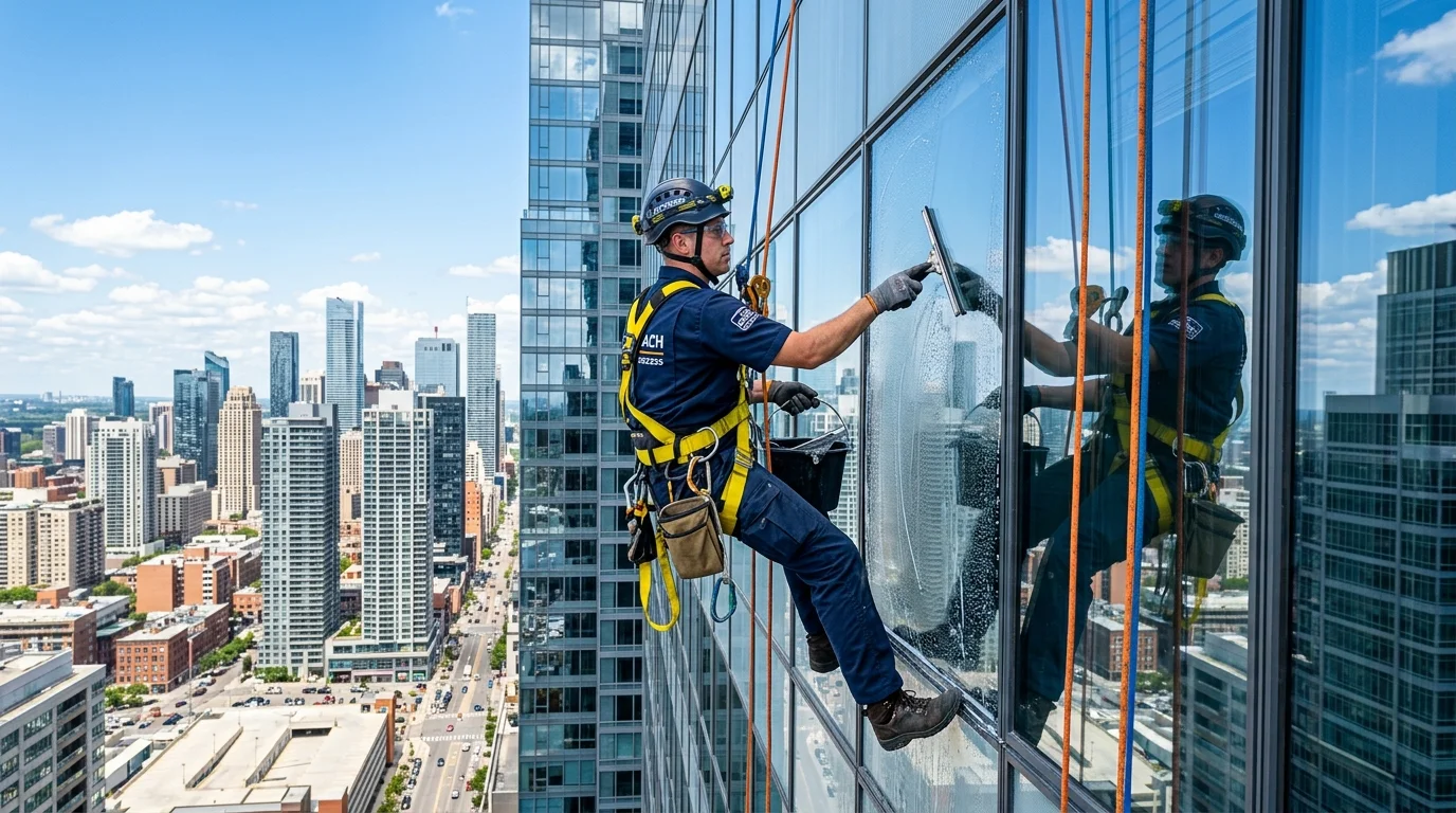 Certified technician performing rope access window cleaning on a commercial high-rise building in Ontario