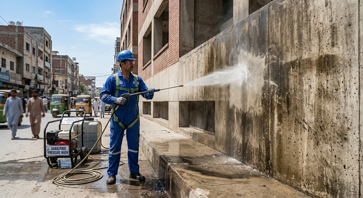 Commercial power washing of concrete building exterior