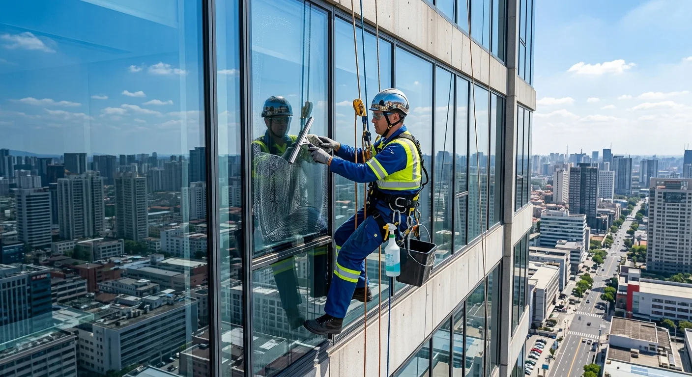 Commercial high-rise window cleaning technician working in Ontario