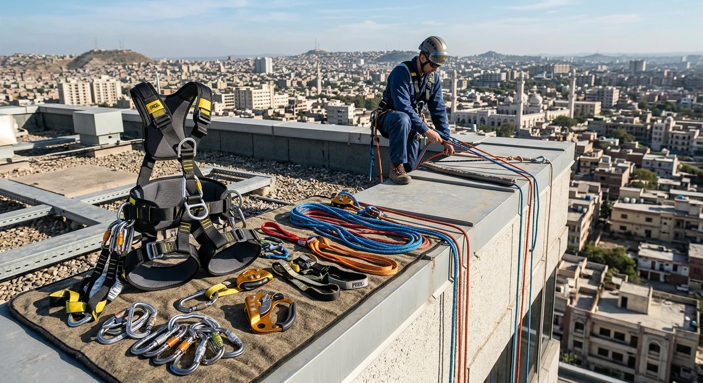 Professional rope access equipment including harness, carabiners, and descender device used for high-rise window cleaning