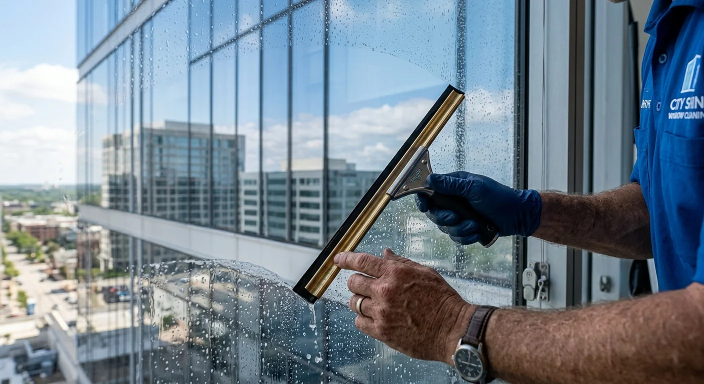 Technician using a squeegee for streak-free commercial window cleaning on a high-rise facade