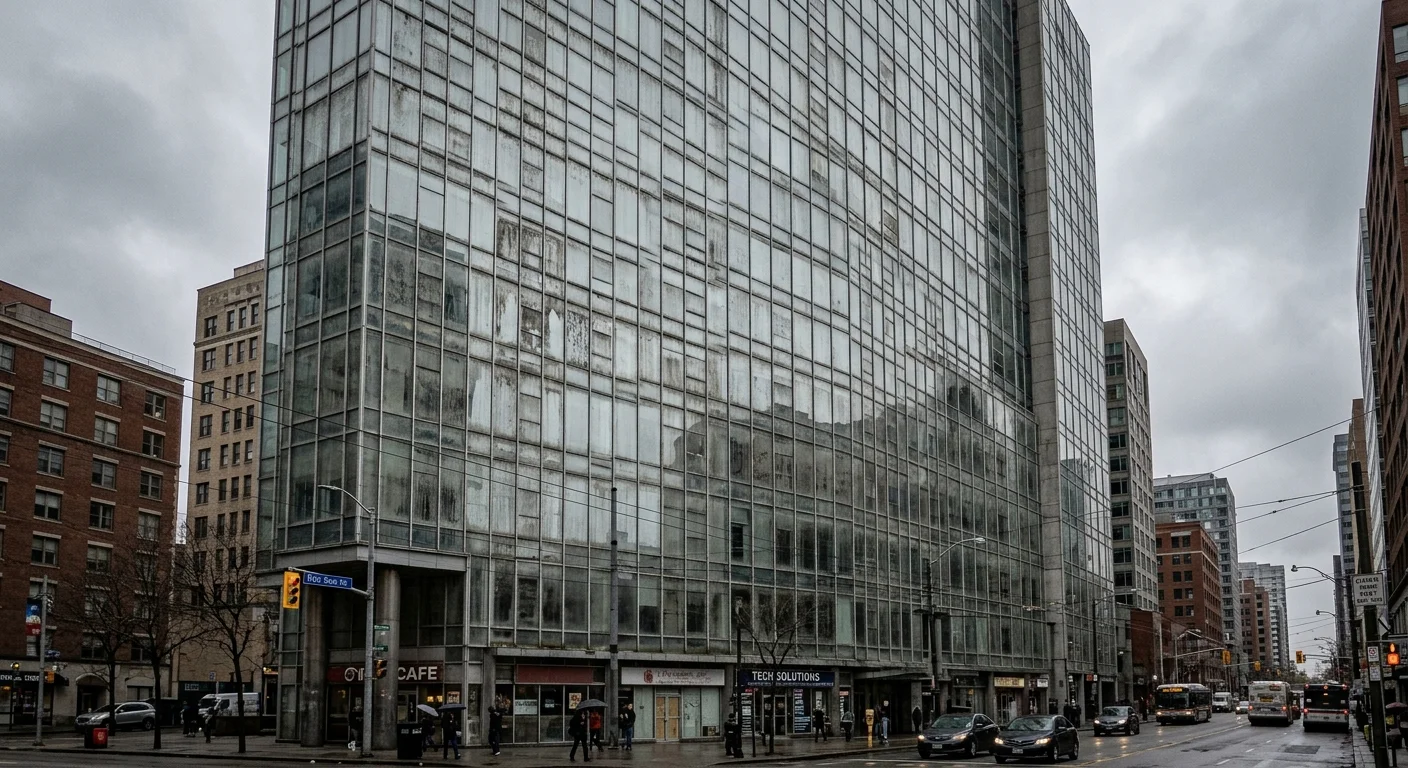 Dirty, grime-covered commercial high-rise window facade with visible water stains before cleaning