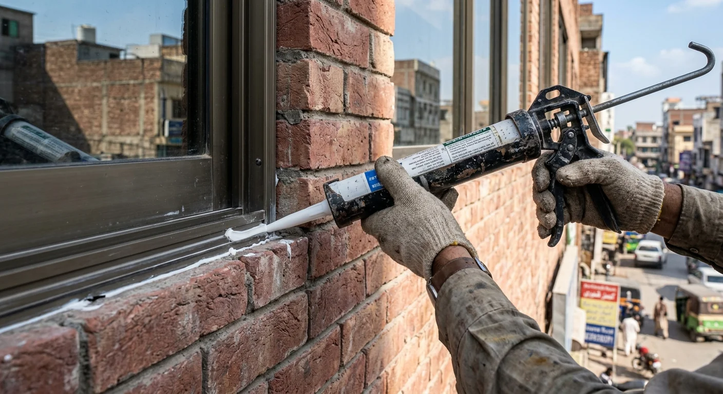 Commercial caulking and sealing along a window frame