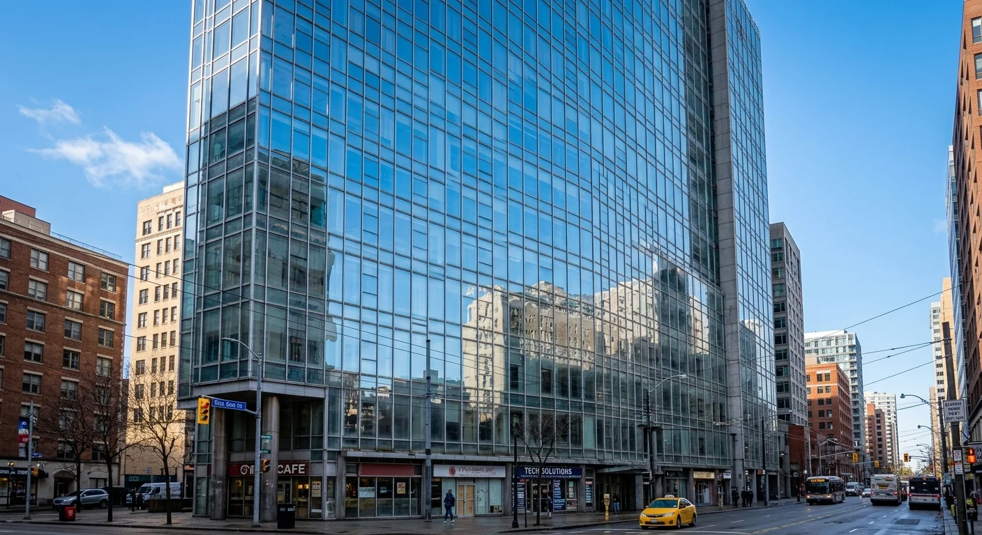 Clean, streak-free commercial high-rise window facade reflecting blue sky, after professional cleaning
