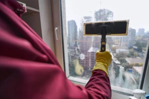 Person cleaning a window