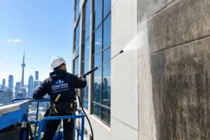 Commercial power washing of concrete building exterior in Ontario