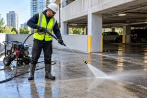 Certified commercial power washing technician cleaning a building exterior