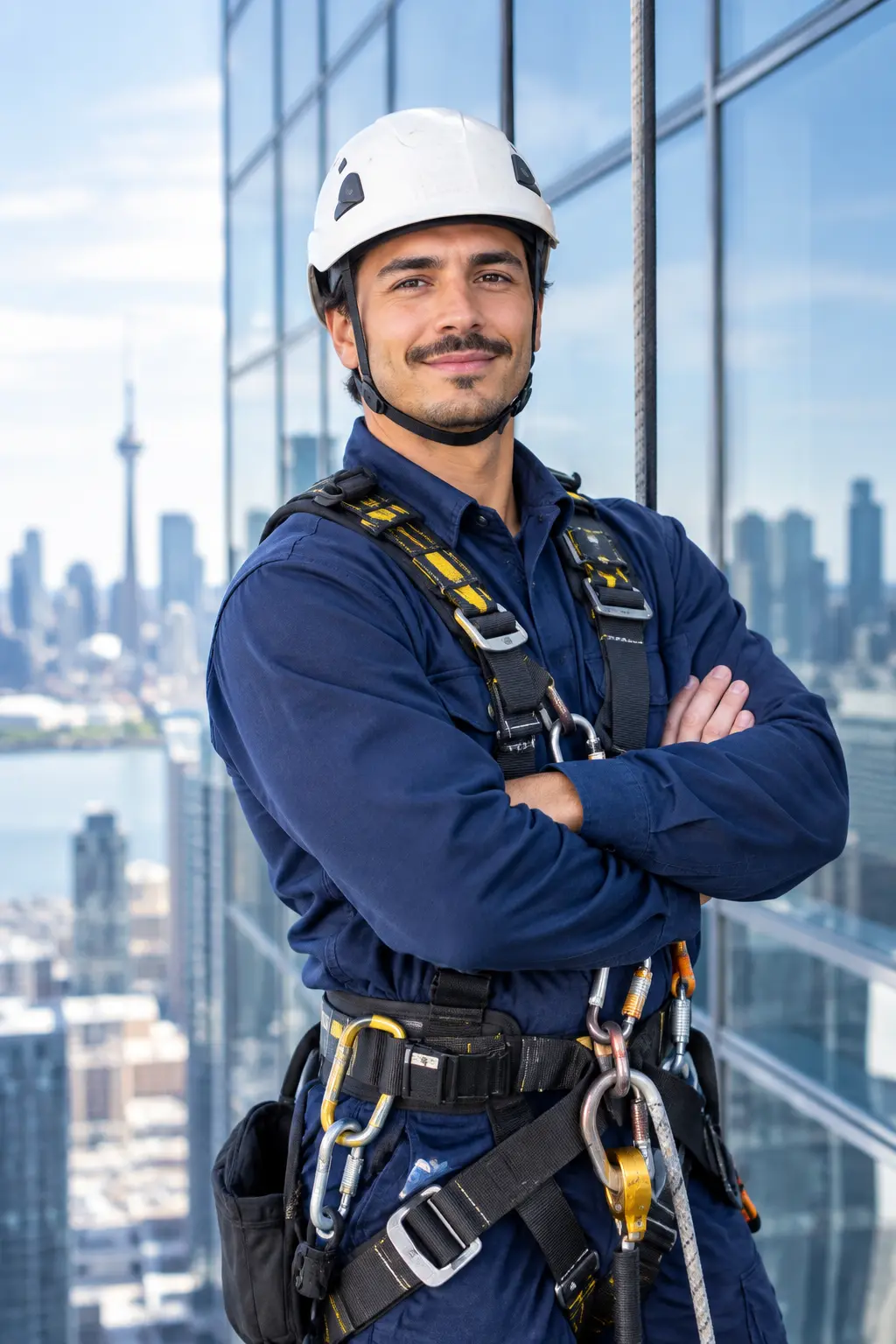 Andean Window Cleaning technician on rope access cleaning a high-rise window