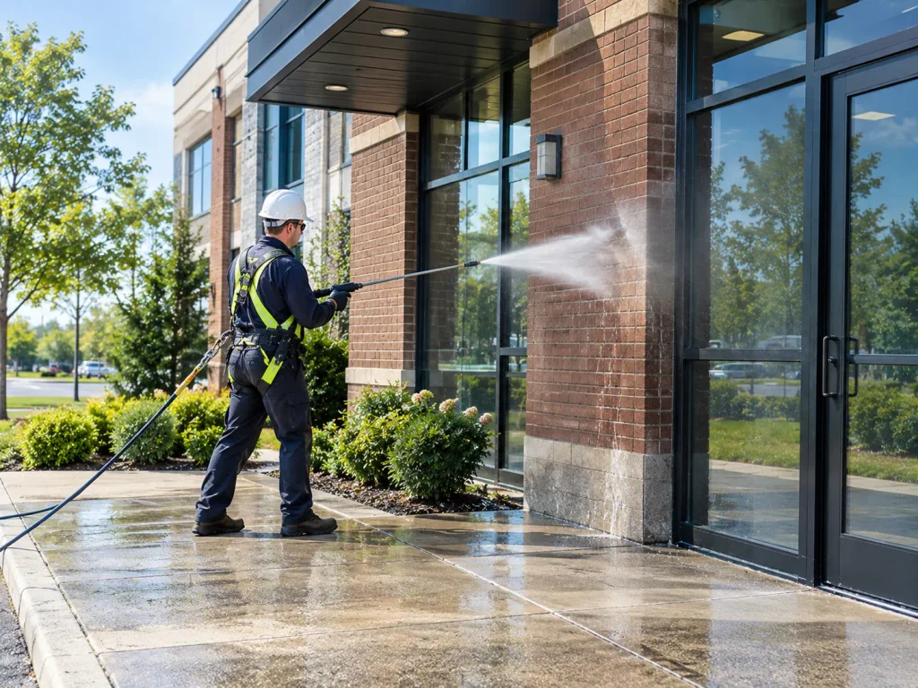 Power washing a commercial building facade and entryway walkway in Vaughan, Ontario