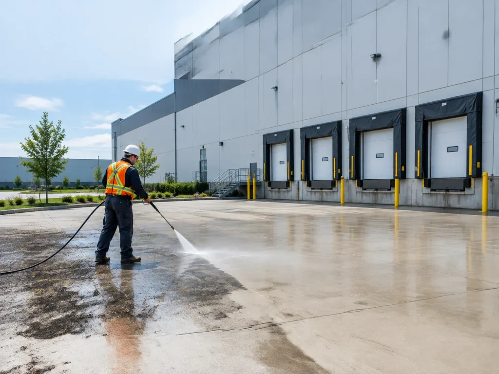 Pressure washing a commercial parking lot and loading dock in Vaughan, Ontario