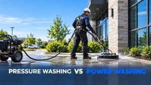 Technician operating a surface cleaner power washer on a commercial building walkway, with text overlay reading Pressure Washing vs Power Washing